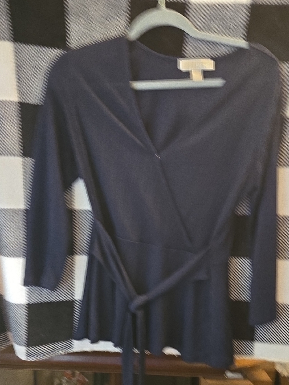 Michael Kors Navy Wrap Top with Tie Waist
